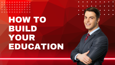 How to build your education. Man standing smiling red background