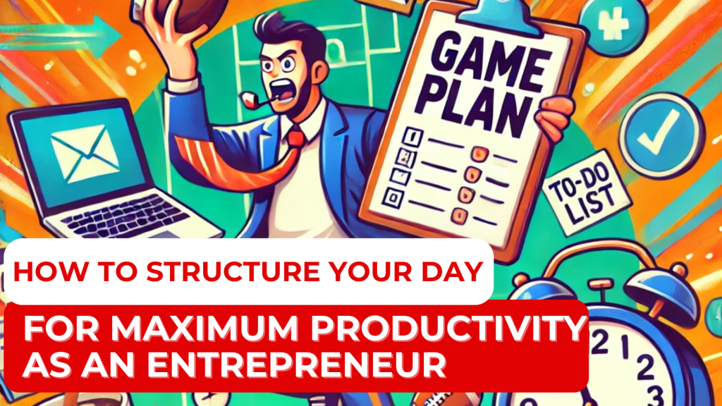 A humorous illustration of an entrepreneur dressed as a coach holding a clipboard labeled 'Game Plan,' juggling a laptop, a coffee cup, and a clock. Surrounding them are scattered icons of emails, tasks, and a massive to-do list, with a vibrant and sporty background symbolizing the chaotic yet strategic approach to structuring a productive day.