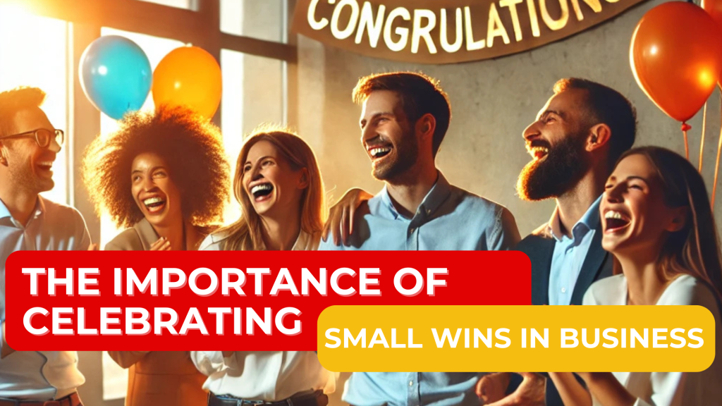 A diverse team of professionals in a vibrant office setting celebrating a small victory. They are laughing, clapping, and holding coffee cups, with balloons and a congratulatory banner in the background. The atmosphere is joyful and casual, highlighting teamwork and camaraderie.